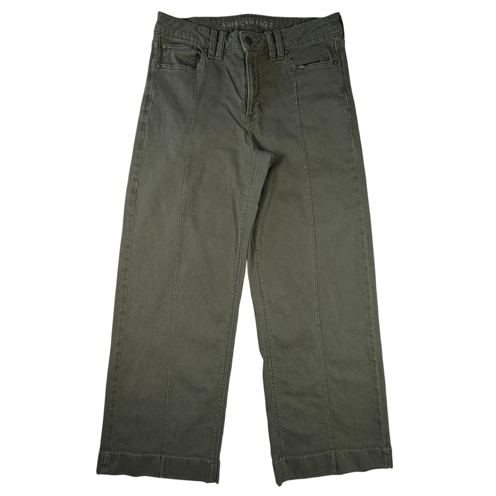 American Eagle Low-Rise‎ Baggy Wide Leg Pants Olive Green Front Seam Women 6 Reg